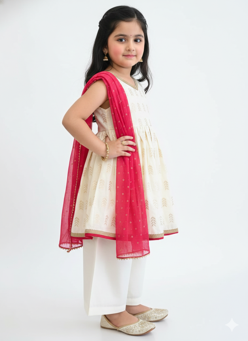 Off White & Red Festive Kurta Palazzo Set for Girls