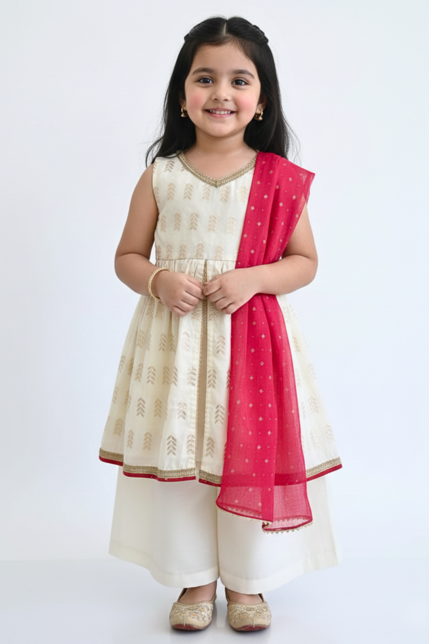Off White & Red Festive Kurta Palazzo Set for Girls