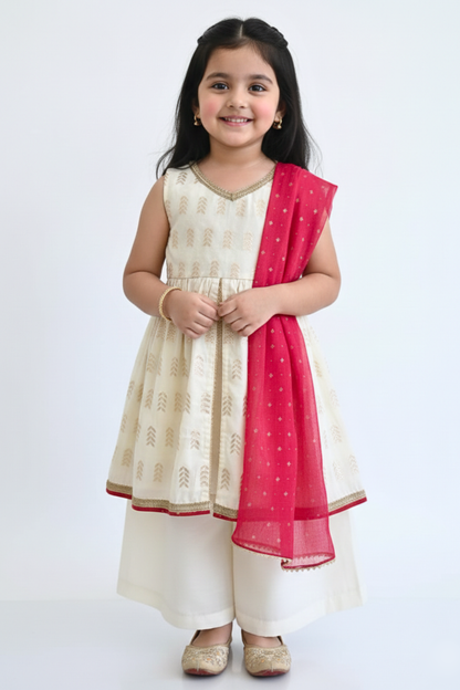 Off White & Red Festive Kurta Palazzo Set for Girls