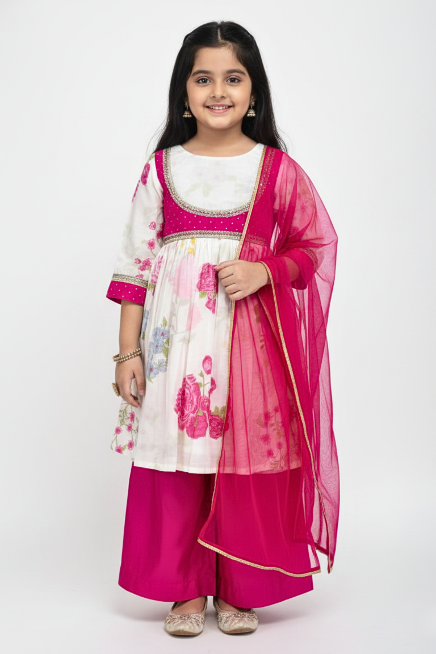 Ivory & Rani Pink Floral Kurta Set for Girls