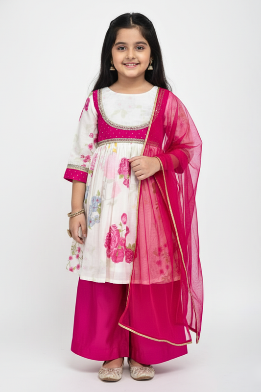 Ivory & Rani Pink Floral Kurta Set for Girls
