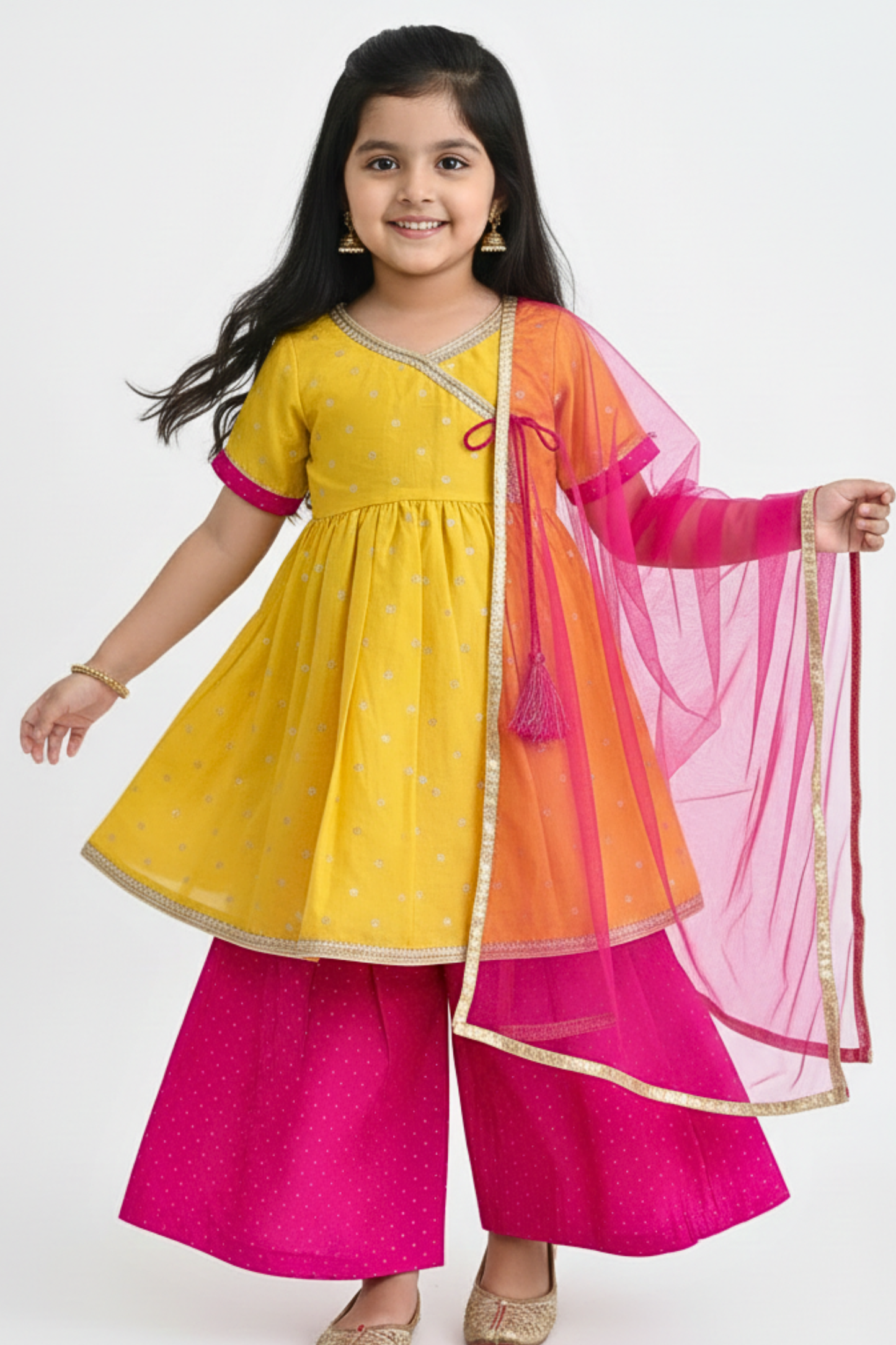 Yellow & Pink Ethnic Kurta Set for Girls