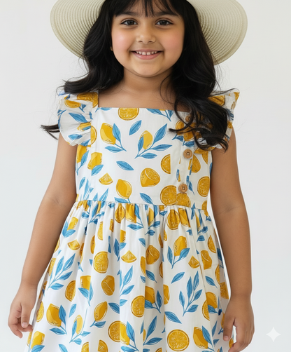 Lemon Print Cotton Girls Dress