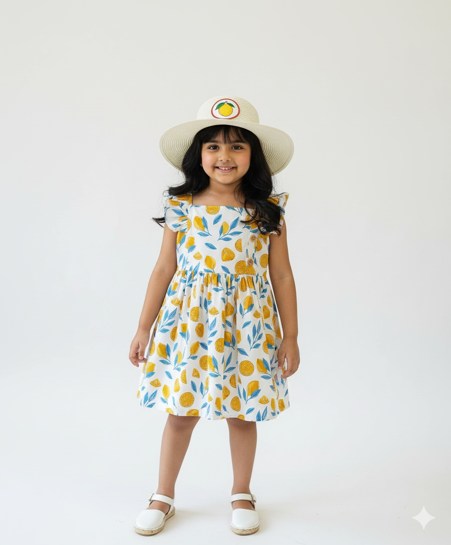 Lemon Print Cotton Girls Dress