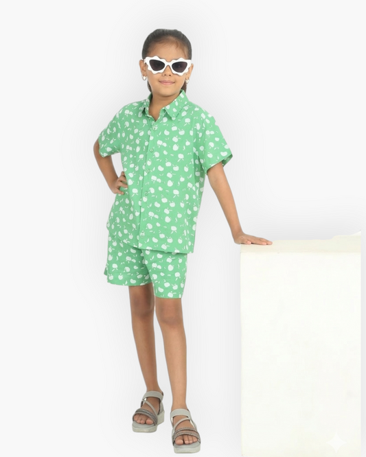 Green Printed Rayon Girls Co-ord Set