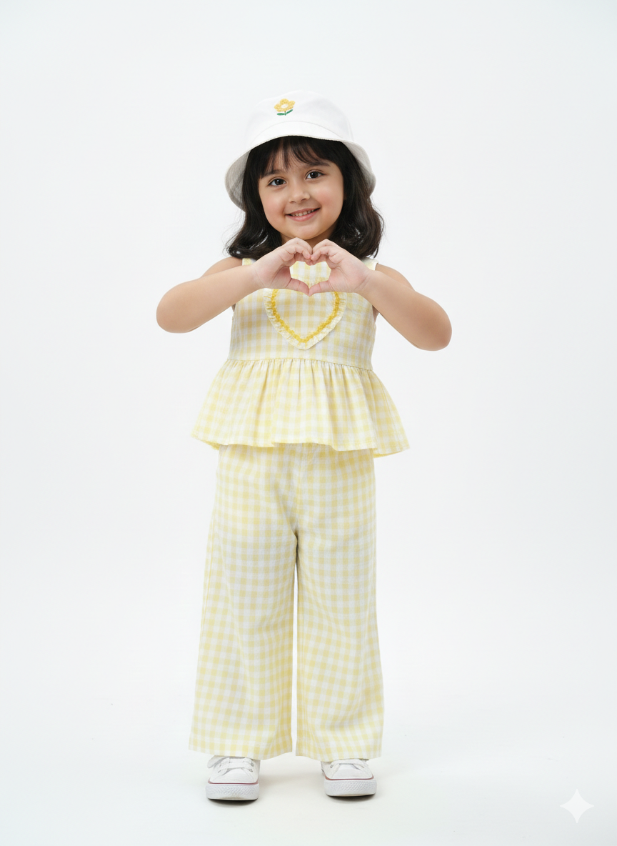 Yellow Gingham Girl's Cotton Co-ord Set
