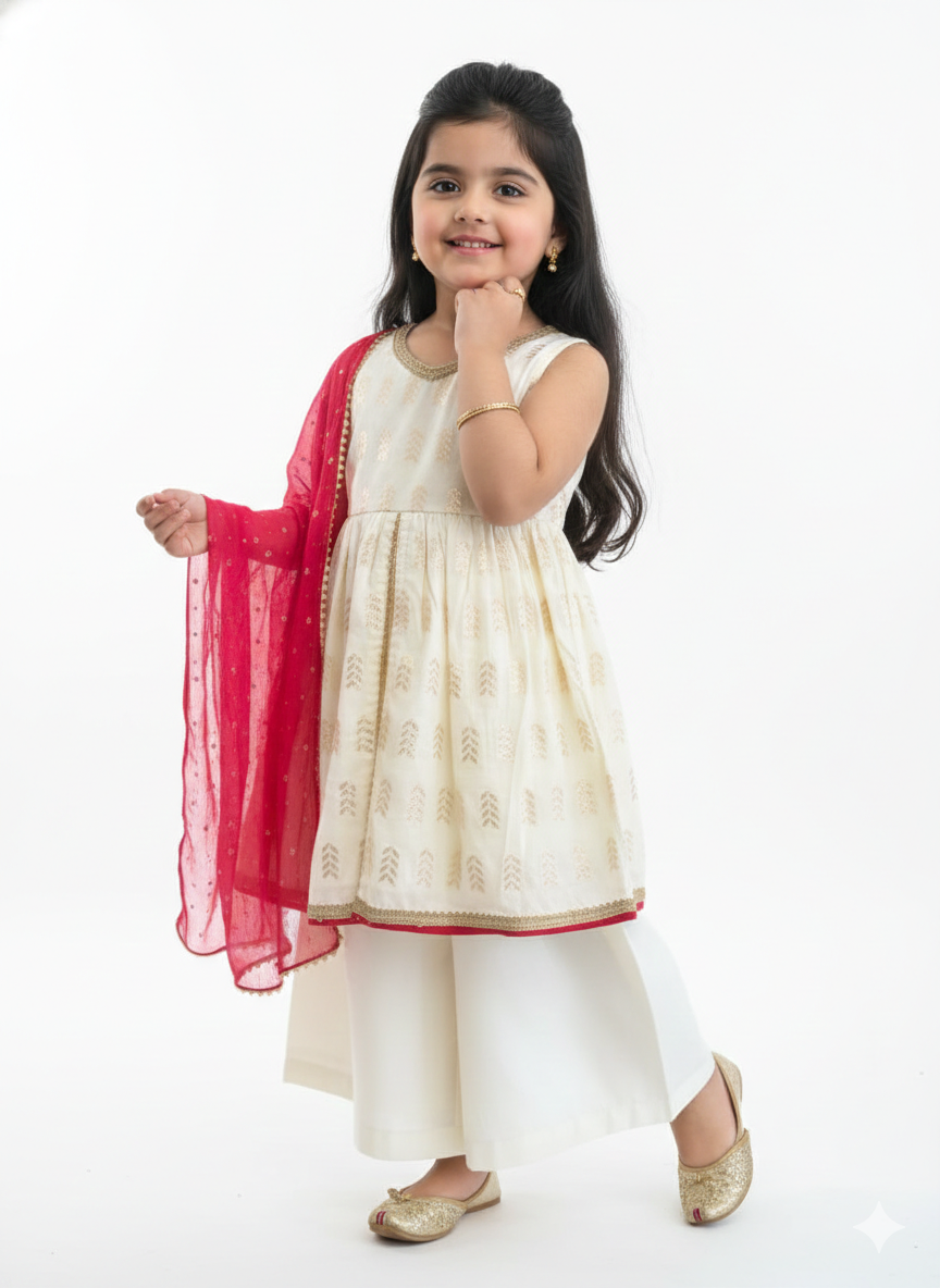 Off White & Red Festive Kurta Palazzo Set for Girls