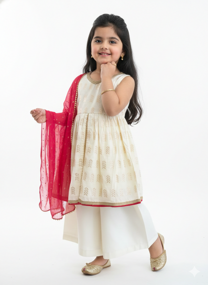 Off White & Red Festive Kurta Palazzo Set for Girls