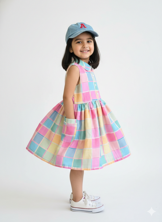 Girls Multi Checked Cotton Dress