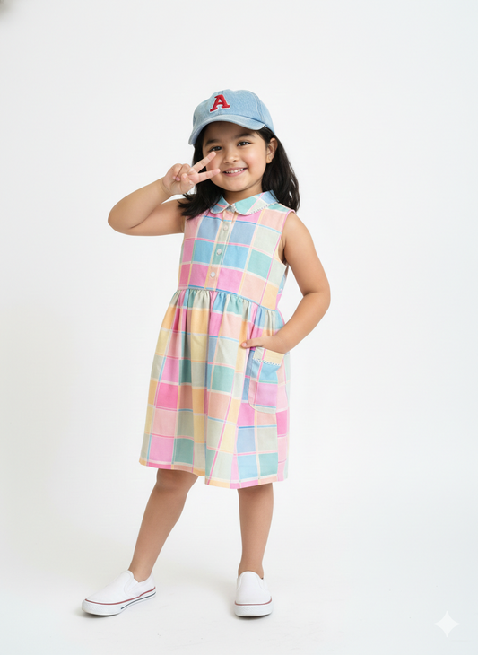 Girls Multi Checked Cotton Dress