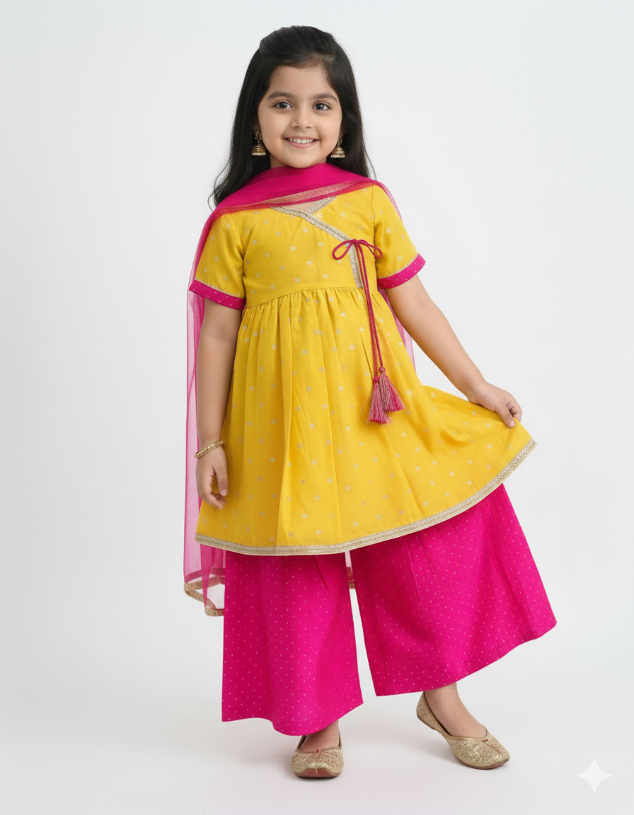 Yellow & Pink Ethnic Kurta Set for Girls