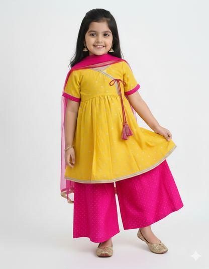 Yellow & Pink Ethnic Kurta Set for Girls