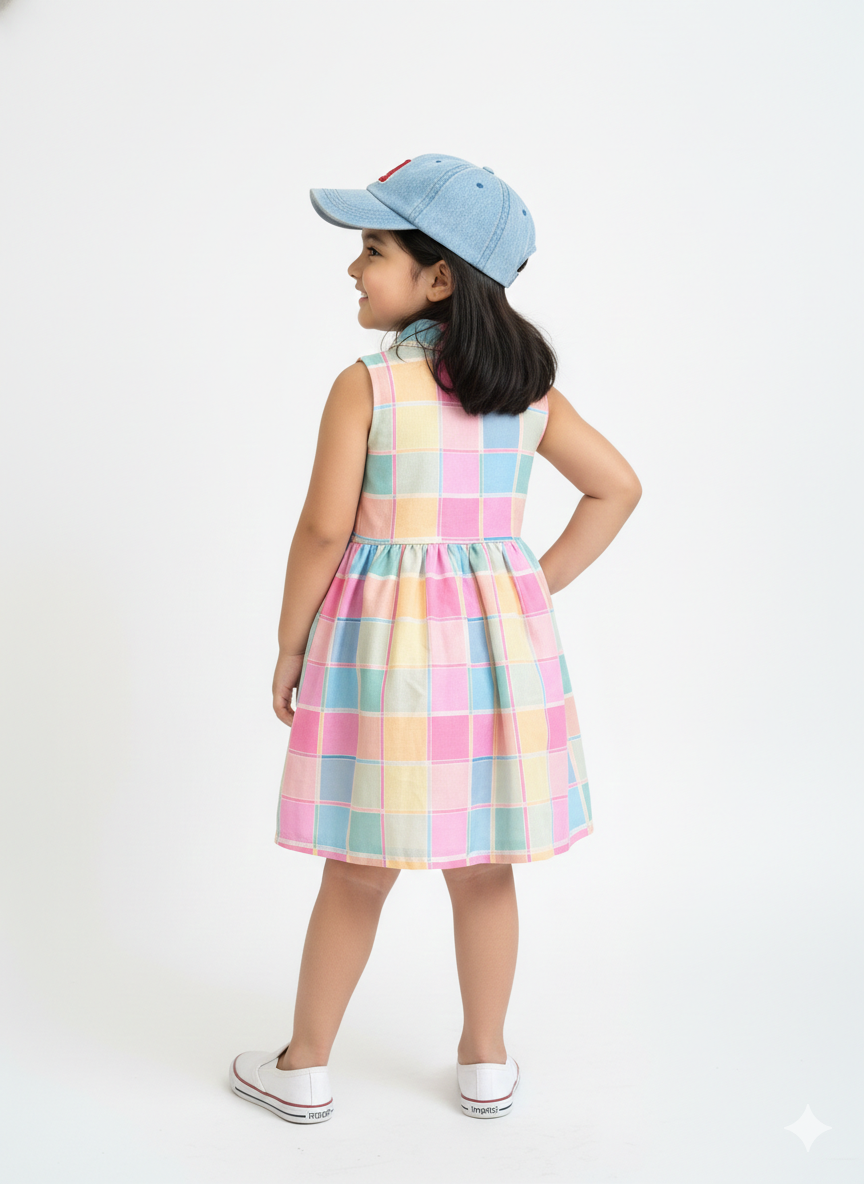 Girls Multi Checked Cotton Dress