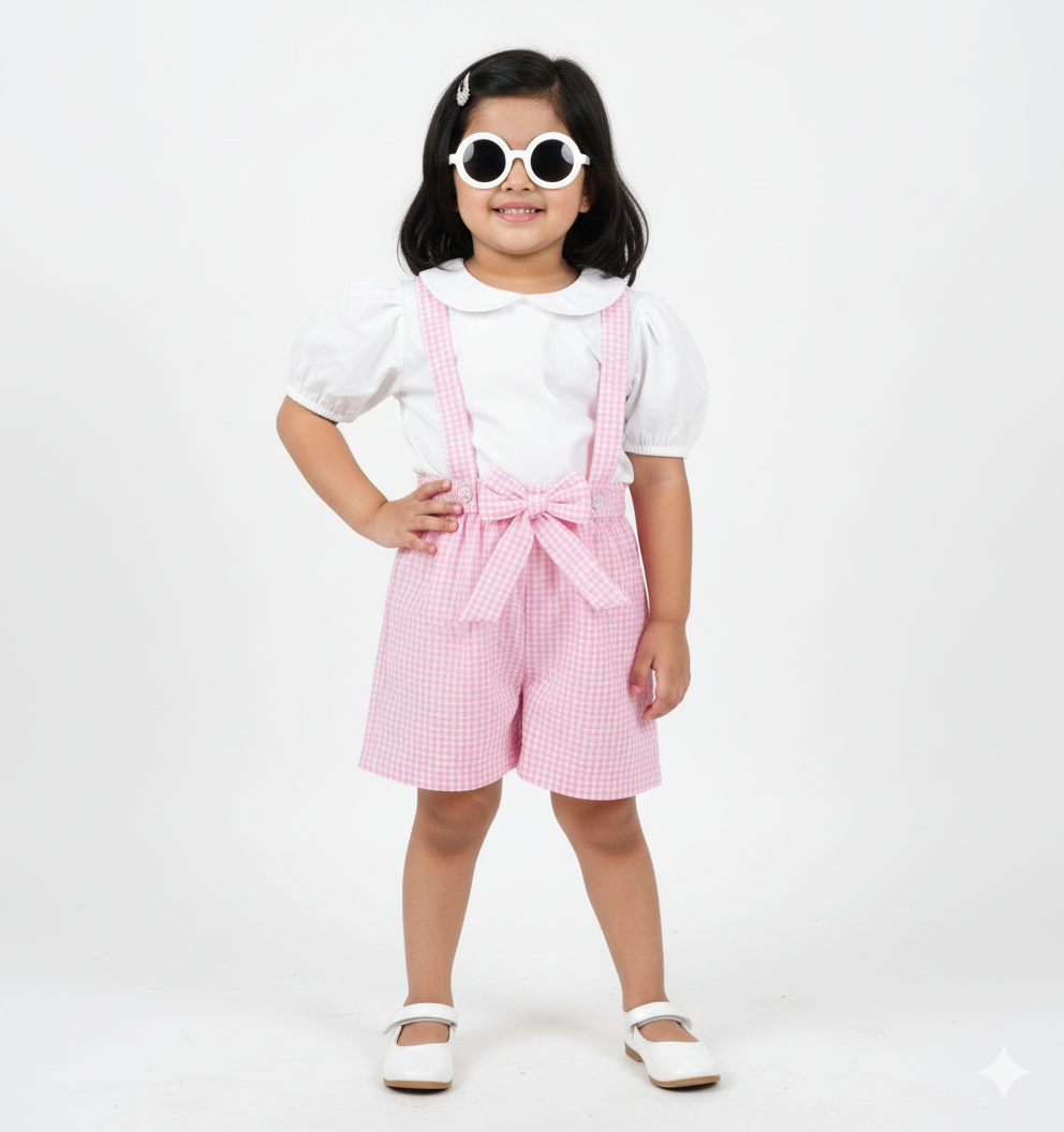 Pink Gingham Cotton Girl's Co-ord Set
