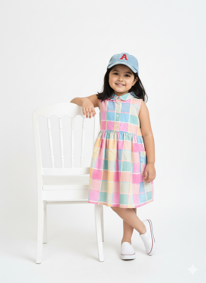 Girls Multi Checked Cotton Dress