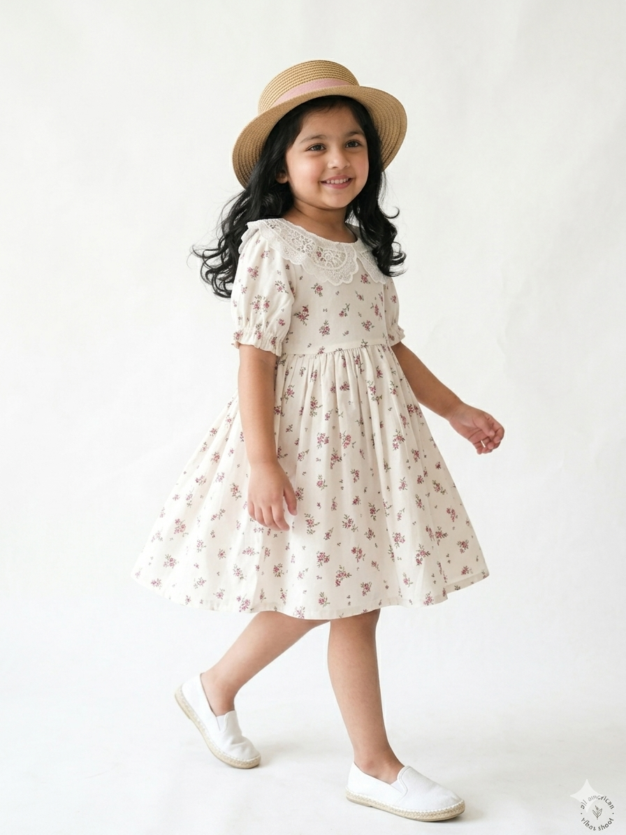 Off-White Floral Cotton Girls Dress