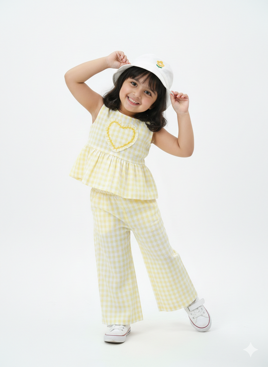 Yellow Gingham Girl's Cotton Co-ord Set