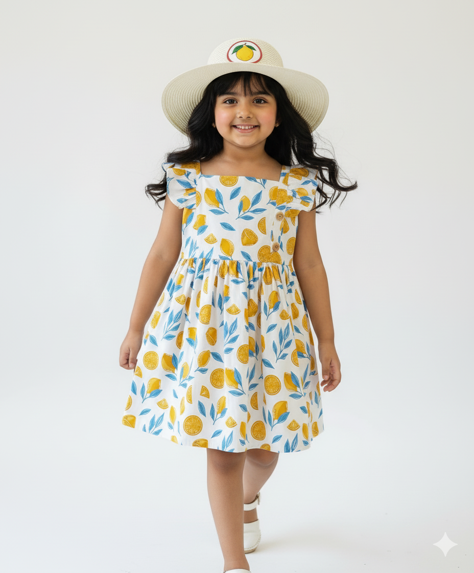 Lemon Print Cotton Girls Dress