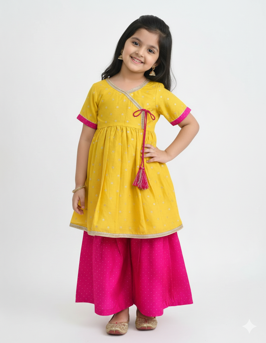 Yellow & Pink Ethnic Kurta Set for Girls