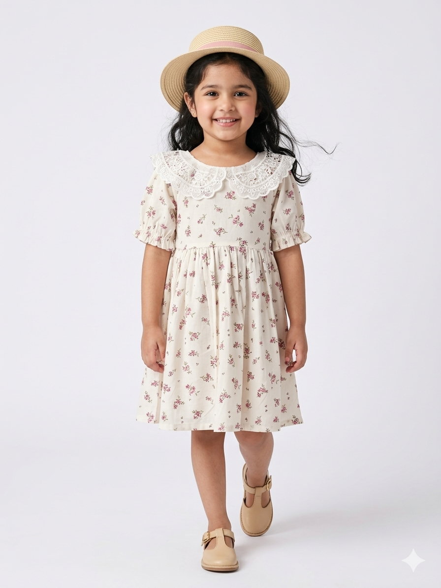 Off-White Floral Cotton Girls Dress