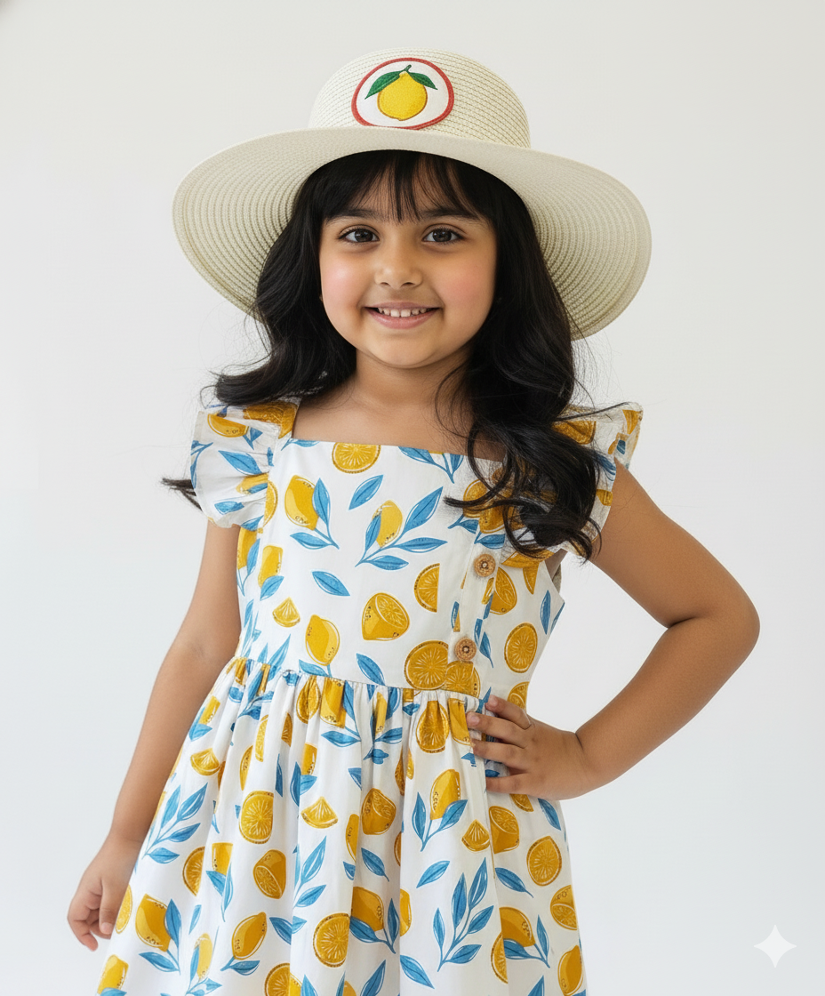 Lemon Print Cotton Girls Dress
