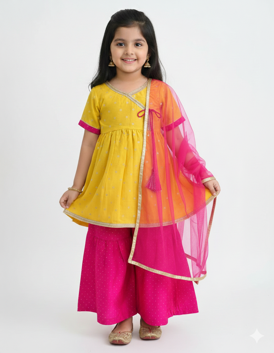 Yellow & Pink Ethnic Kurta Set for Girls