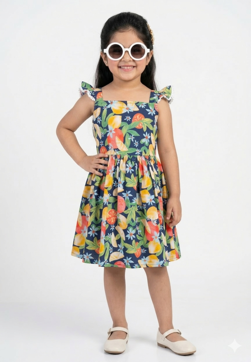Tropical Fruit Print Cotton Girl Dress