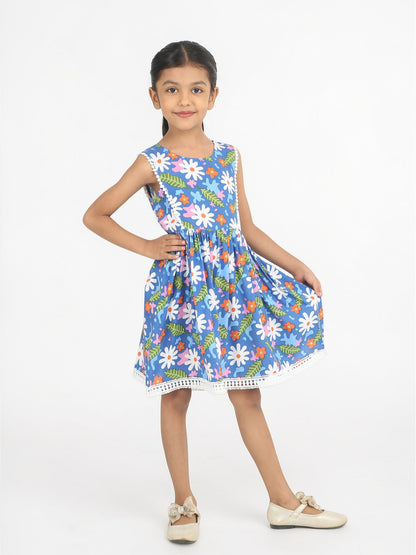 Blue Floral Cotton Girl Dress