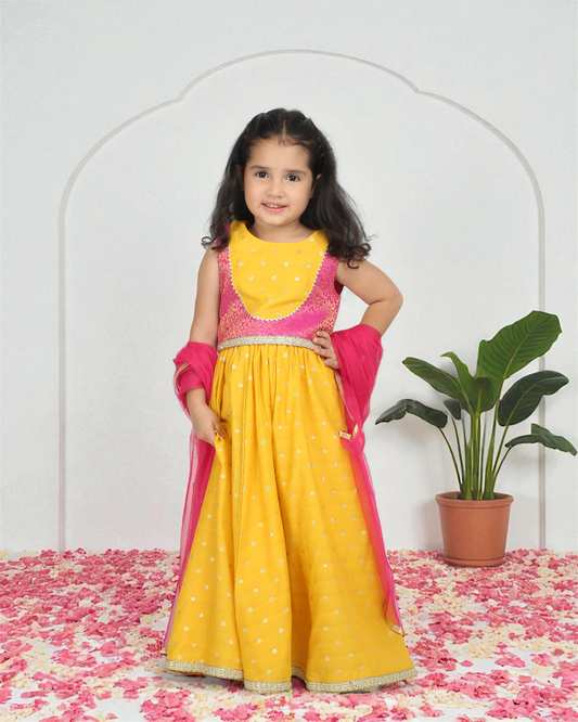 Yellow Brocade Girls Lehenga